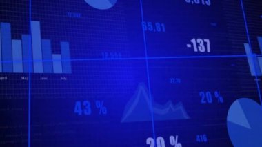 Finansal veri tabloları ve grafikleri mavi arkaplan üzerinde. Maliye, analitik, istatistik, eğilimler, yatırım, iş
