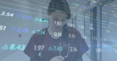 Hastane koridorundaki sağlık uzmanı üzerinden finansal piyasa verileri canlandırmak. Finans, animasyon, teknoloji, kaplama, analitik