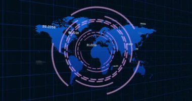 Veri işlemenin animasyonu ve dünya haritası tarama alanı üzerinde. Teknoloji ve dijital arayüz kavramı, dijital olarak oluşturulmuş video.