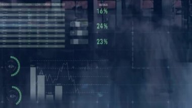 Finansal tablolar ve grafikler üzerinde küresel veri analizi animasyonu. finans, işletme, teknoloji, bilgi, dijital, görselleştirme