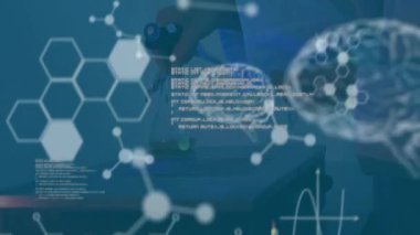 Kimyasal formülün animasyonu ve çift ırklı kadın bilim adamının deney yapması üzerine veri işleme. Bilim ve dijital arayüz kavramı, dijital olarak üretilen video.