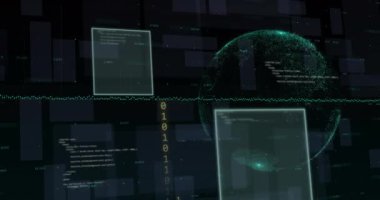 Veri işleme animasyonunun siyah arka planda dünya üzerinde gerçekleşmesi. Teknoloji ve dijital arayüz kavramı, dijital olarak oluşturulmuş video.