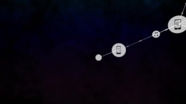 Karanlık arkaplan üzerinde bağlı aygıtlar ve ortam simgeleri animasyonu ağı. Bağlantı, dijital, teknoloji, multimedya, internet, iletişim