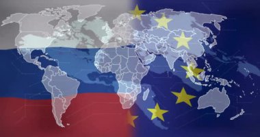 Rusya ve Avrupa Birliği 'nin bayraklı dünya haritası animasyonu. Jeopolitik, uluslararası ilişkiler, küresel, siyasi, diplomasi, ülkeler