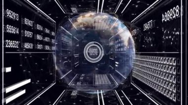 Fütürist arayüzden görüntülenen dijital veriler ve numaralar. Teknoloji, küresel, analitik, ağ, görselleştirme, bilgi