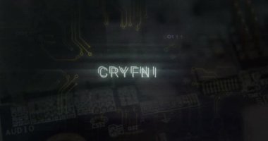 CRYPTO devre kartı ve dijital veri arkaplanı üzerinden metin animasyonu. Kripto para birimi, engelleme zinciri, finans, teknoloji, siber güvenlik, ağ konsepti