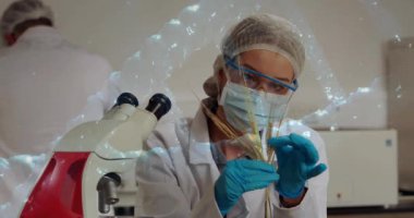 Laboratuvardaki melez kadın bilim adamı üzerinde DNA ipliği ve veri işleme animasyonu. Küresel bilim, bağlantılar, hesaplama ve veri işleme kavramı, dijital olarak oluşturulmuş video.