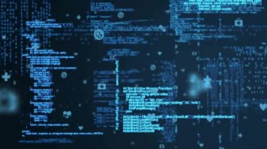 Bilgisayar kodu ve simgeler yüzen parçacıklar ile karanlık arkaplan üzerinde animasyon. Teknoloji, kodlama, programlama, arayüz, dijital, yazılım