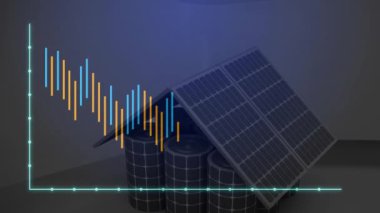 Güneş panelleri ve bataryaları üzerinde dalgalanan çubuklar ve çizgi çizgileri olan grafikler. Yenilenebilir enerji, teknoloji, yenilik, sürdürülebilirlik, güç