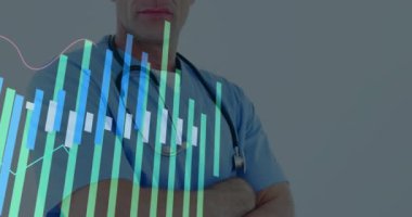 Tıbbi veri animasyonunu analiz etmek, hastane ortamında steteskop kullanan bir sağlık uzmanı. doktor, veri analizi, hasta bakımı, ilaç