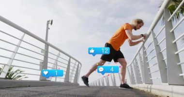 Köprüde uzanan, sosyal medya tebligatları olan bir adam animasyon üstüste bindi. Fitness, egzersiz, teknoloji, egzersiz, şehir, sağlık