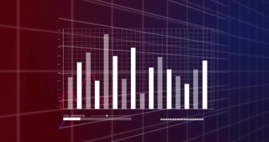 Şebeke arka planında finansal veri işleme animasyonu olan bar ve hat çizelgeleri. İş, finans, analitik, büyüme, istatistik, grafik