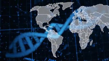 DNA ipliği ve ikili kodlama arkaplanı üzerinde dünya haritası animasyonu. Teknoloji, yenilik, genetik, biyoenformatik, veri, dijital