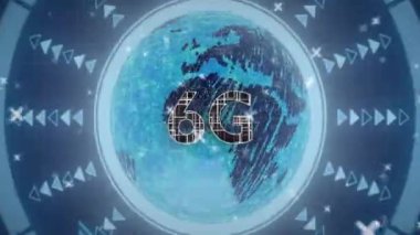 Dijital dünyanın üzerinde geometrik desenli 6G teknoloji animasyonu. ağ, bağlantı, yenilik, fütüristik, iletişim, küresel