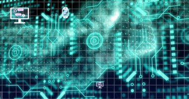 Smartwatch, dijital tablet ve bilgisayardaki ai chat arayüzü görüntüsü dinamik dalga deseni üzerinde. Dijital olarak üretilmiş, hologram, yapay zeka, veri, bağlantı, gelecek, teknoloji.