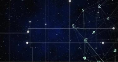 Para birimi sembolleri ve ağ bağlantıları yıldızlı gece gökyüzü arkaplanı üzerinde canlandırma. Finans, ekonomi, dijital, teknoloji, yıldızlar, galaksi