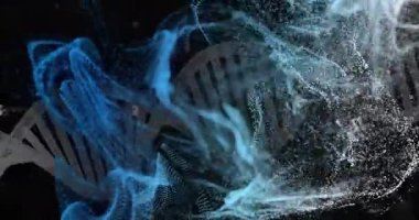 Mavi ve beyaz parçacıklara sahip DNA ipliği, bilimsel veri işleme animasyonu. Bilim, genetik, biyoteknoloji, molekül, yapı, biyoenformatik