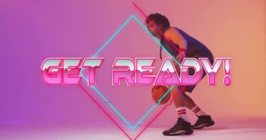 Hazır olun! Basketbolcunun top sürmesi üzerine metin animasyonu. Spor, atletizm, rekabet, takım çalışması, motivasyon, eylem