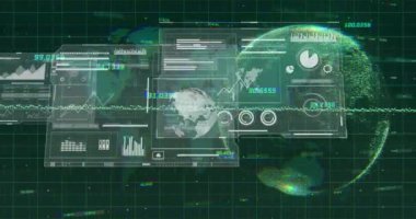 Dünya haritası ve dijital ızgara üzerinde küresel veri analizi ve istatistik animasyonu. teknoloji, ağ, bilgi, büyük veri, görselleştirme, siber