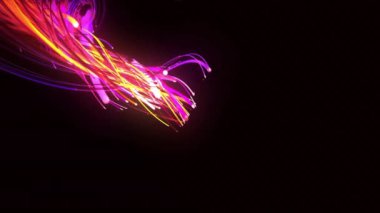 Renkli ışık yolları ve soyut şekiller siyah arkaplanda animasyon oluşturur. hareket, neon, parlayan, geleceksel, teknoloji, dinamik