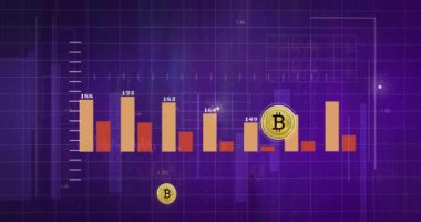 Bitcoin fiyat tablosu ve mor arka plan üzerindeki veri analizi. Kripto para birimi, finans, blok zinciri, dijital para birimi, yatırım, büyüme