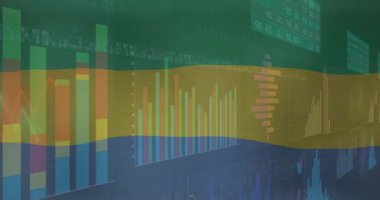 Finansal veri tabloları ve grafikleri yeşil ve mavi arkaplan üzerinde animasyon. Finans, istatistik, analiz, büyüme, iş, yatırım