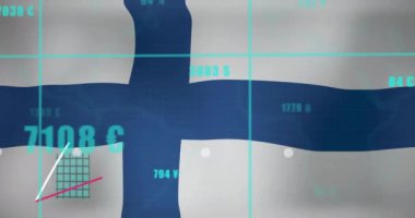 Finlandiya bayrağı ve veri işleme üzerinde diyagramların animasyonu. Teknoloji, vatanseverlik, bayraklar ve dijital arayüz konsepti, dijital olarak oluşturulmuş video.