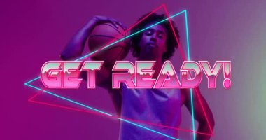 Basketbolu tutan, birlikte poz veren, hazır olsun! Neon şekiller üzerinde metin animasyonu. Spor, atlet, heyecan, enerji, dinamik, canlı