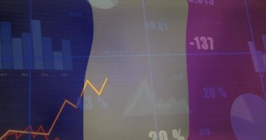 Finansal veri tabloları ve grafik animasyonları renkli arka planda. Finans, analitik, iş, yatırım, ekonomi, teknoloji