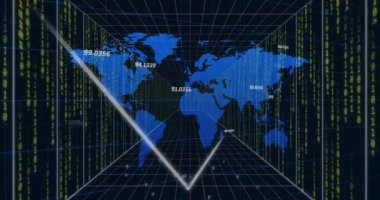 Dijital tünel üzerinden veri işleme ve dünya haritasının animasyonu. Teknoloji ve dijital arayüz kavramı, dijital olarak oluşturulmuş video.