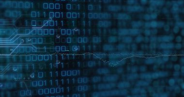 Grafikler, devre kartı desenleri ve siyah arkaplan üzerinde ikili kodlar. Dijital olarak üretilen hologram, illüstrasyon, rapor, iş dünyası, bilgisayar dili ve teknoloji kavramı.