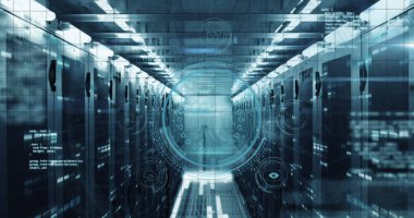 Veri sunucu odasında parmak izi, veri güvenliği metni, simgeler ve bilgisayar dili resmi. Dijital bileşik, biyometrik, bulut hesaplama, kodlama, veri merkezi, ağ, teknoloji kavramı.