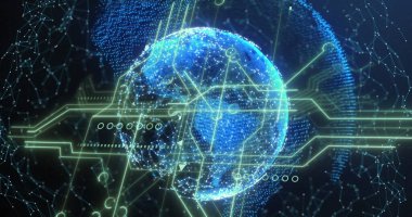 Işıklandırılmış kürelerin görüntüsü. Birbirine bağlı noktalar ve hareket eden çizgiler. Dijital olarak üretilen, telekomünikasyon, küresel ağ, fütüristik, soyut, veri işleme ve teknoloji.