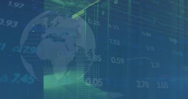 Veri merkezi üzerinde küre olan grafiklerin ve sayıların resmi. Dijital bileşim, kodlama, işletme, rapor, küresel ağ, güvenlik, veri merkezi, ağ oluşturma, teknoloji ve ağ sunucu kavramı.