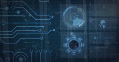 Sunucu odasında radar, ark reaktörü, dünya ve bilgisayar dili görüntüsü. Dijital bileşik, çoklu pozlama, küreselleşme, kodlama, veri merkezi, ağ, teknoloji ve ağ sunucusu.