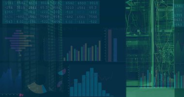 Veri sisteminde hareket eden birden fazla grafik ve sayının resmi. Dijital bileşim, kodlama, iş, rapor, ağ güvenliği, veri merkezi, ağ oluşturma, teknoloji ve ağ sunucusu kavramı.