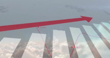 Bulutlar ve çizelgeler üzerinde kırmızı ok ve çizgi grafik animasyonu. İş, analitik, istatistik, büyüme, veri, finans