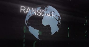 İkili kodlu dönen dünya üzerinde RANSOMWARE metin animasyonu. Siber güvenlik, teknoloji, hackleme, kötü amaçlı yazılım, dijital, tehdit kavramı