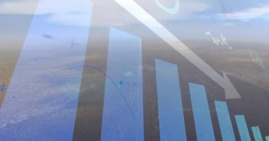 Uçsuz bucaksız manzaranın hava manzarası üzerinde çizgi çizelgesi ve çizgi animasyonu. Veri görselleştirme, analitik, istatistik, bilgi, hava, teknoloji