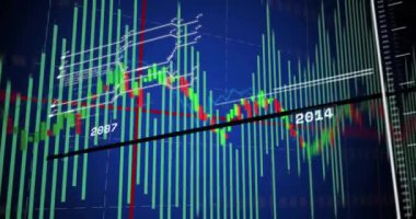Finansal veriler ve borsa eğilimleri mavi arkaplan üzerine animasyon. Finans, işletme, yatırım, ekonomi, analitik, grafik