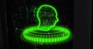 Dijital arayüz üzerinde ikili kod ve insan kafa hologramı animasyonu. Teknoloji, fütüristik, yenilik, yapay zeka, yapay zeka, sanal
