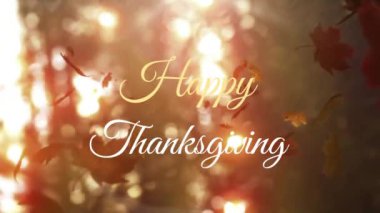 Düşen yapraklar üzerine Mutlu Şükran Günü metni animasyonu. Şükran Günü, kutlama ve doğa konsepti, dijital olarak üretilen video.