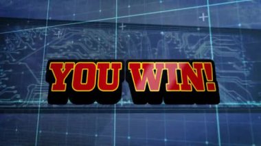 Mavi devre kartı arkaplanından metin animasyonunu kazanmak. Teknoloji, yenilik, dijital, zafer, başarı, fütüristik