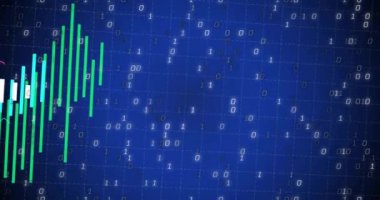 Finansal veri tabloları ve mavi arkaplan üzerinde ikili kod animasyonu. Finans, ekonomi, analiz, dijital, teknoloji, yatırım