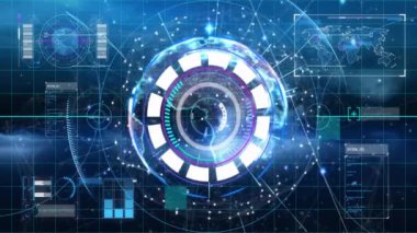 Dönen elementler ve görselleştirme animasyonu ile geleceksel dijital arayüz. Teknoloji, siber, sanal, holografik, bilgi, etkileşimli