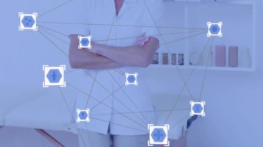 Tıbbi ağ bağlantıları ofisteki gülümseyen sağlık uzmanı üzerine kurulmuş animasyonlar. teknoloji, dijital, doktor, fütüristik, yenilik