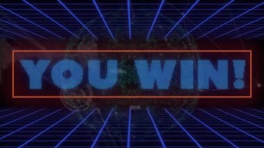 Sen kazandın! Mavi çizgili dünya ve şebeke üzerinde metin animasyonu. Zafer, kutlama, teknoloji, dijital, gelecekçi, sanal