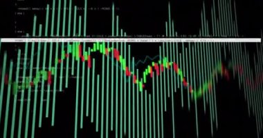 Borsa veri analizi, şamdan şeması üzerinde dalgalanan bir animasyon. Maliye, yatırım, hisse senetleri, ticaret, analitik, dalgalanmalar