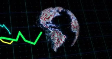 Koyu şebeke arka planında dönen dünya üzerinde yeşil çizgi grafik animasyonu. Ekonomi, finans, dijital, teknoloji, dünya, istatistik