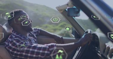 Çevre dostu teknoloji animasyonlarıyla çevrili üstü açık araba kullanan bir adam. yenilik, yeşil enerji, sürdürülebilirlik, gelecek, akıllı aygıtlar, çevre